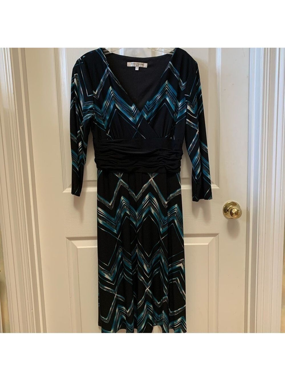 EVAN PICONE v neck 3/4 sleeve geometric print A line dress retro work casual